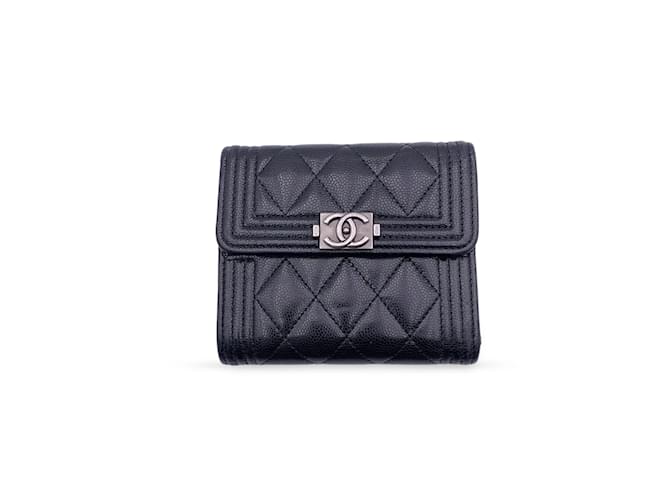 Chanel Black Quilted Leather Boy Compact Tri Fold Wallet ref