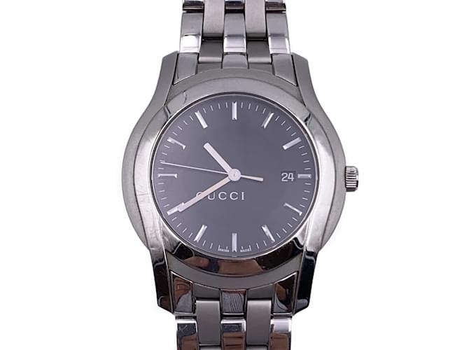 Gucci Silber Edelstahl Mod 5500 XL-Armbanduhr mit schwarzem Zifferblatt  ref.965328