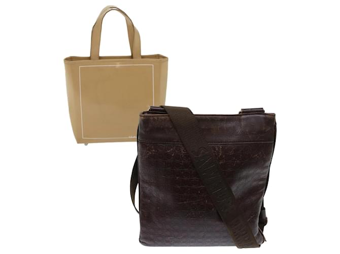Salvatore Ferragamo Shoulder Hand Bag Leather 2Set Brown Beige Auth bs6270  ref.965913