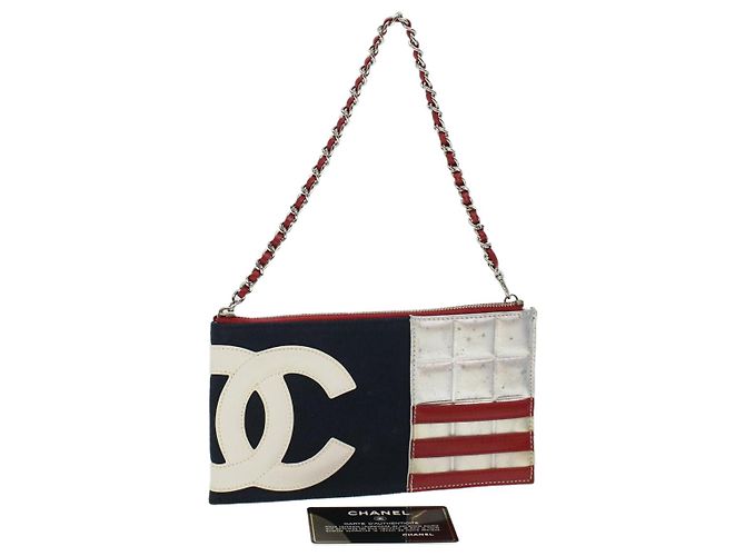 CHANEL Chain Choco Bar Umhängetasche Canvas Marine Silber Rot CC Auth 45611 Marineblau