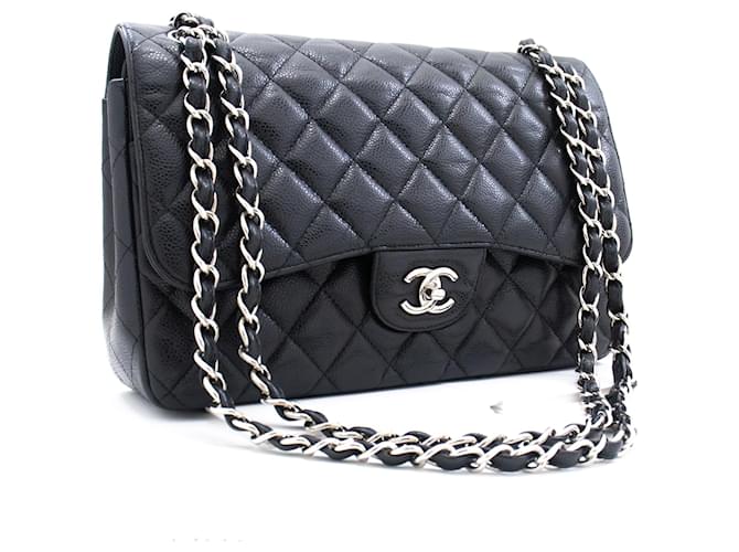 CHANEL Grained Calfskin Large Chain Shoulder Bag W Flap SV Classic Black Leather  ref.965967