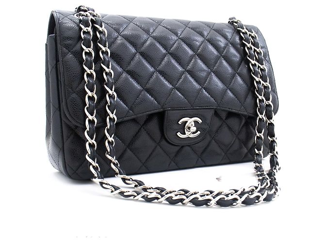 CHANEL Bolsa de ombro grande em couro de bezerro granulado com aba SV Classic Preto