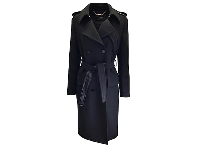 Barbara Bui Black Patent Leather Trimmed Double Breasted Belted Mid-Length Crepe Coat Polyester  ref.966064