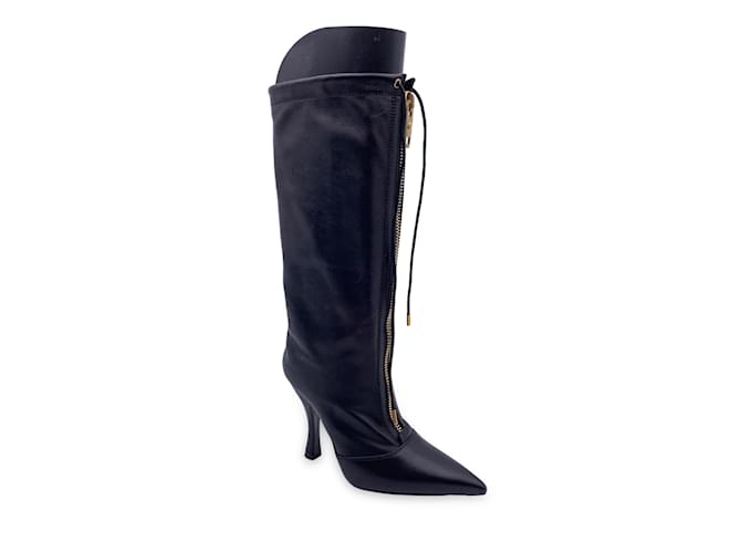 Versace Black Leather Heeled Boots with Central Zip Size 36  ref.966110