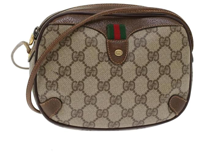 GUCCI GG Canvas Web Sherry Line Shoulder Bag PVC Leather Beige Red Auth 45604  ref.966572