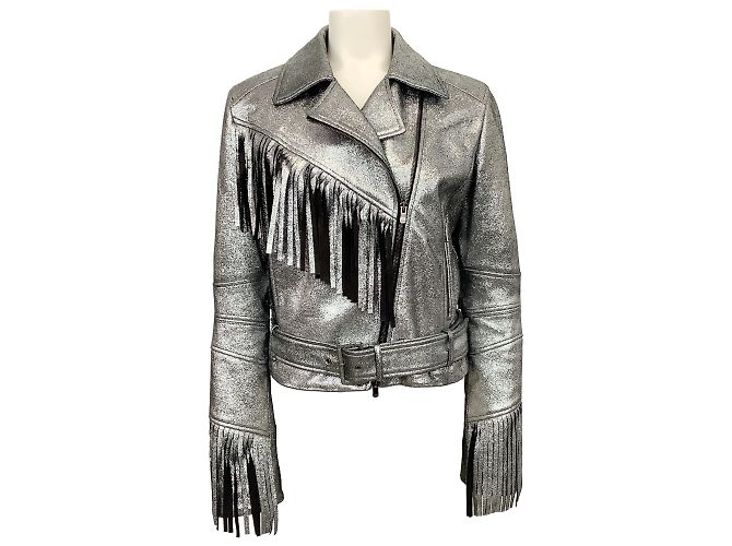 Drome Silver Metallic Leather Jacket with Fringe Silvery