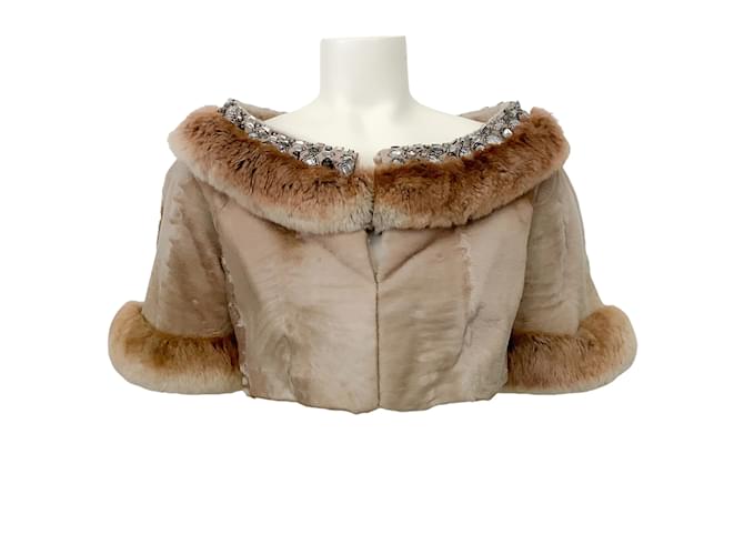 Valentino Beige Broadtail Chinchilla Cropped Jacket with Jewel Embellished Neckline Fur  ref.966670