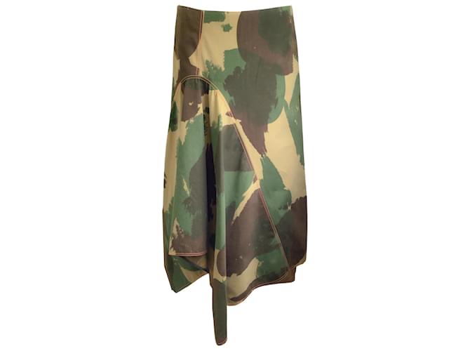 Victoria Beckham Green Multi Camo Print Asymmetrical Hem Cotton Midi Skirt  ref.966684