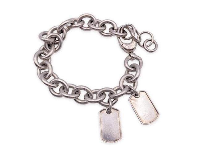 Gucci sterling silver 925 Rolo Chain Bracelet with Two Dog Tags Silvery  ref.966716