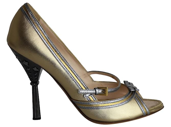 Prada Crystal Embellished Heel Peep Toe Pumps in Gold Leather Golden  ref.967046
