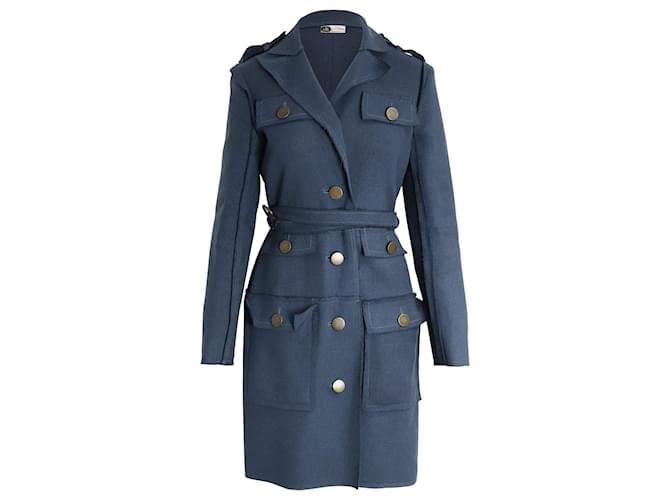 Lanvin Mantel mit mehreren Taschen und Gürtel aus blauer Wolle  ref.967237
