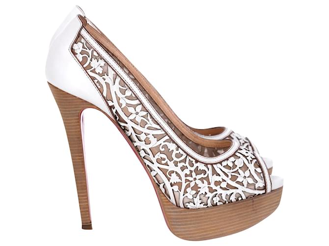 Christian Louboutin Pampas 150 Floral Cut-out Peep-toe Platform Pumps in White Leather Pony-style calfskin  ref.967240