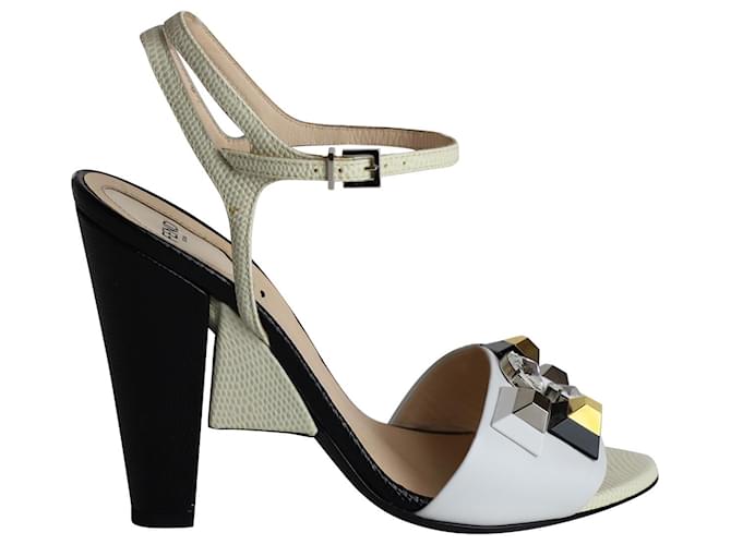 Fendi Crystal Embellished Open Toe Sandals in White Leather  ref.967304
