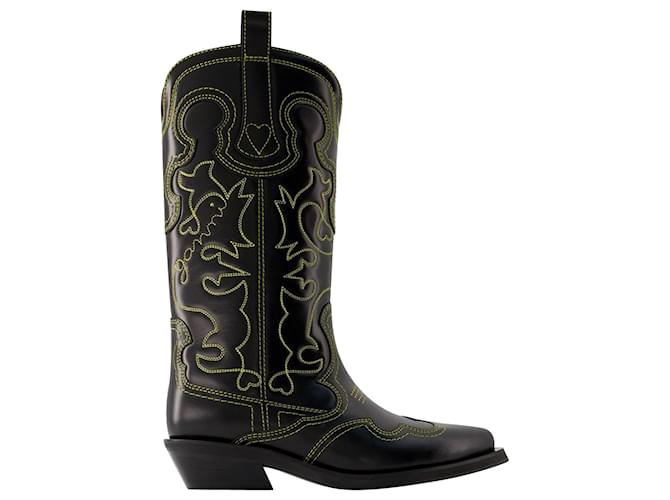 Mid Shaft Western Boots - Ganni - Leather - Black Synthetic  ref.967314