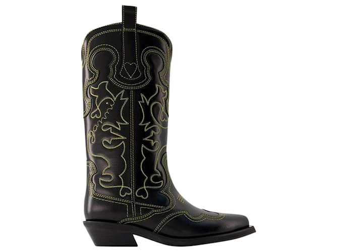 Mid Shaft Western Boots - Ganni - Leather - Black Synthetic  ref.967315