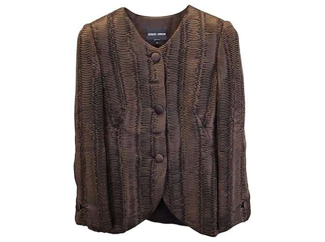 Giorgio Armani Pleated V-Neck Structured Blazer in Brown Wool and Silk  ref.967329