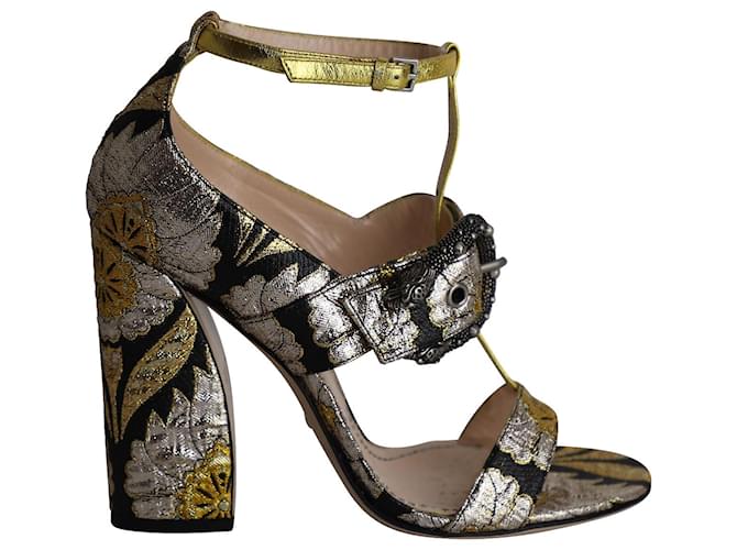 Gucci Dionysus-Sandalen mit metallischer Blumenbrokat-Schnalle aus mehrfarbiger Seide Mehrfarben  ref.967350