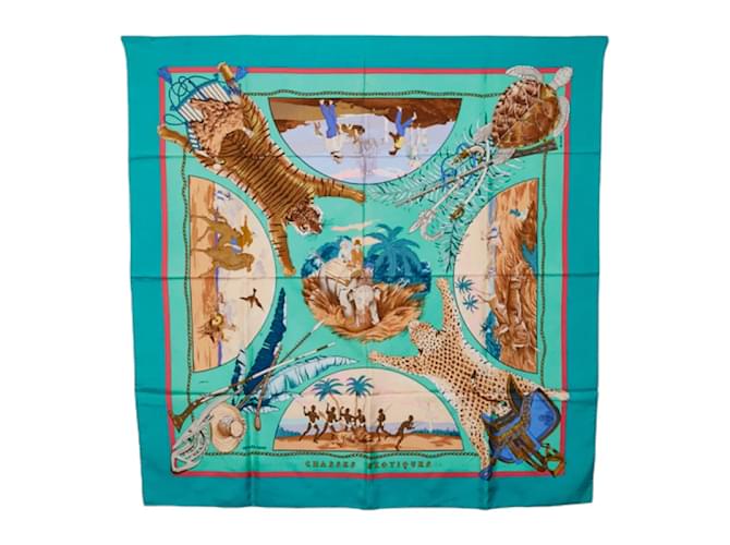 Hermès Carré Chasses Exotiques Silk Scarf Green Cotton  ref.967736