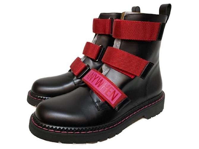 ****VALENTINO GARAVANI Strap Anytime Boots Black Pink Dark red Leather  ref.968111