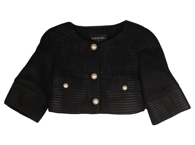 Chanel Chaqueta corta de pasarela con botones de perlas Negro Poliamida  ref.969180
