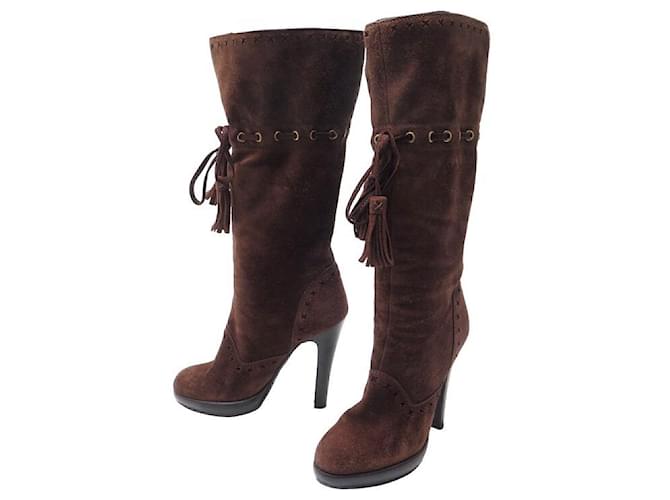 YVES SAINT LAURENT SHOES 248007 POMPOM RIDER BOOTS 36 Boots Brown Suede  ref.969312