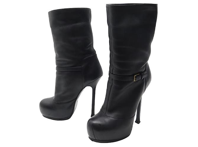 YVES SAINT LAURENT SHOES TRIBTOO ANKLE BOOTS 36 FUR-LINED LEATHER BOOTS SHOE Black  ref.969313