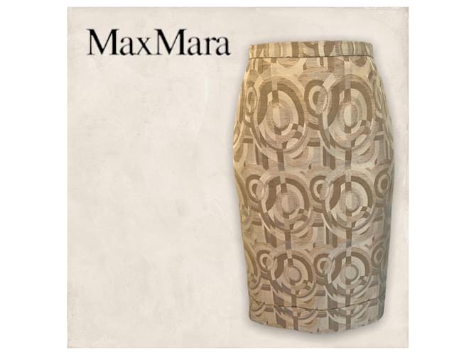 Max Mara Damen-Bleistiftrock mit geometrischem Jacquard-Muster in Ecru und Roségold UK 8 US 4 EU 36 Golden Creme Hellbraun Polyester Leinen Acetat  ref.969433