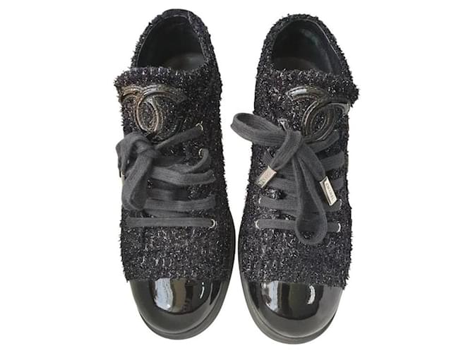 Chanel Black Navy Blue Shimmery Tweed Patent Leather Cap Toe Sneakers  ref.970265