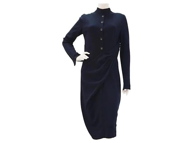Chanel 12Un abito con logo CC a maniche lunghe in lana blu navy Viscosa  ref.970268