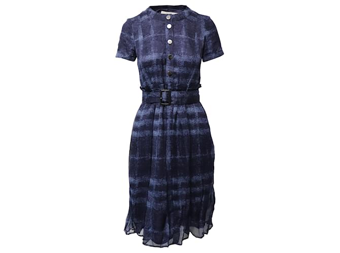 Burberry Belted Short Sleeve Dress in Blue Silk  ref.970483