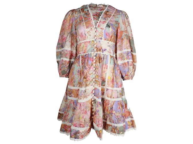 Zimmermann Cira Lantern Puff-sleeve Floral Mini Dress in Multicolor Linen Multiple colors  ref.970487