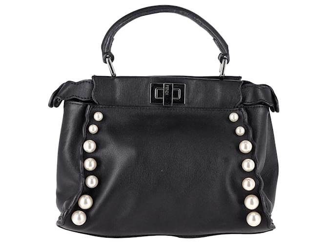 Fendi Mini Peekaboo Pearl Tote Bag in Black Calfskin Leather Pony-style calfskin  ref.970494