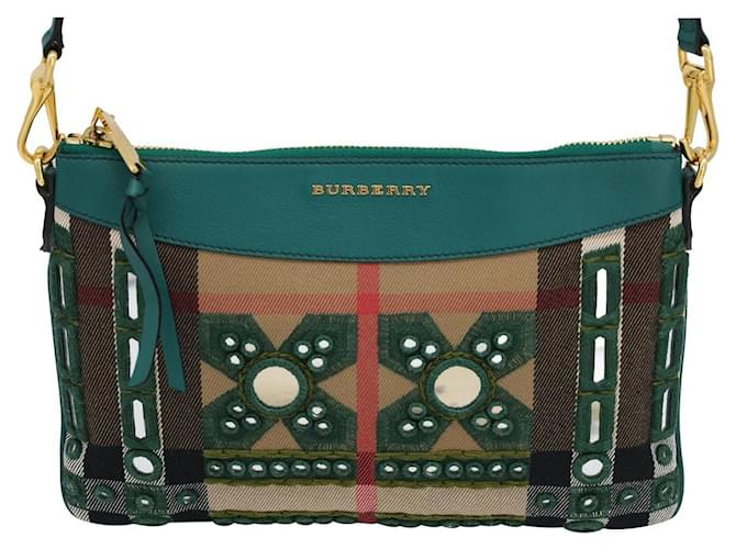 Burberry Peyton Studded Crossbody Bag in Beige Check Canvas and Turquoise Leather Green  ref.970549