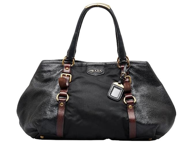 Prada Vitello Daino & Tessuto Handbag Black Leather Pony-style calfskin  ref.970559