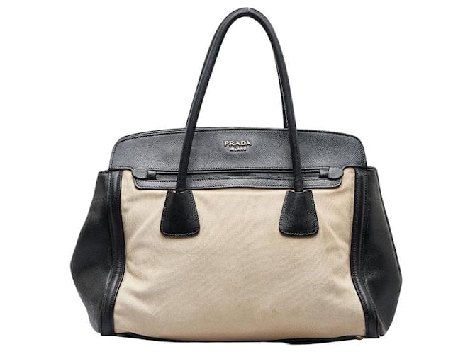 Prada Saffiano aparado Canapa Tote Bag Sacola de lona BN2598 em boas condições Bege  ref.970564