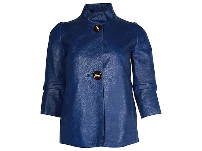 Marni Mock Neck Button Front Jacket in Blue Lambskin Leather  ref.970581