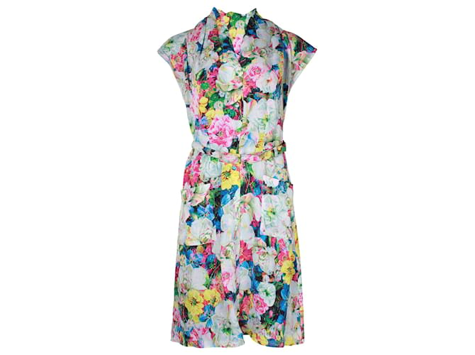 Erdem Buttoned Summer Dress in Floral Print Silk Blue  ref.970603
