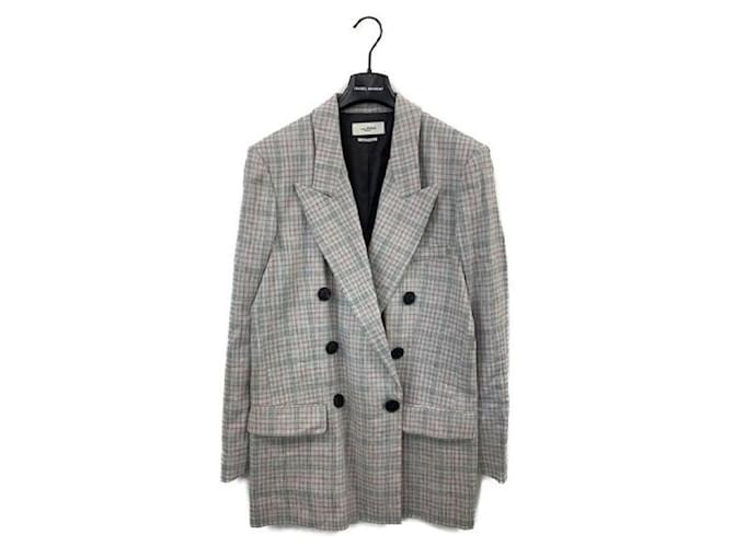 ****ISABEL MARANT ETOILE Checked lined Breasted Blazer Grey Linen Rayon  ref.971211