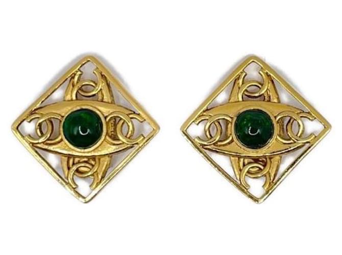 ***CHANEL  vintage diamond stone earrings Green Gold-plated  ref.971228