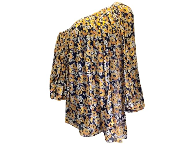Jaune Saint Laurent / Robe noire en soie asymétrique à imprimé floral multicolore  ref.971452