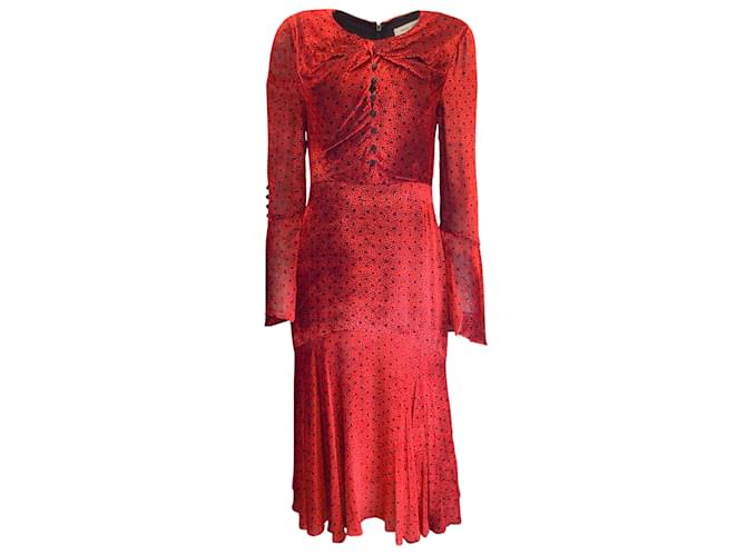 Prabal Gurung Red Black Velvet Burnout Long Sleeved Midi Dress