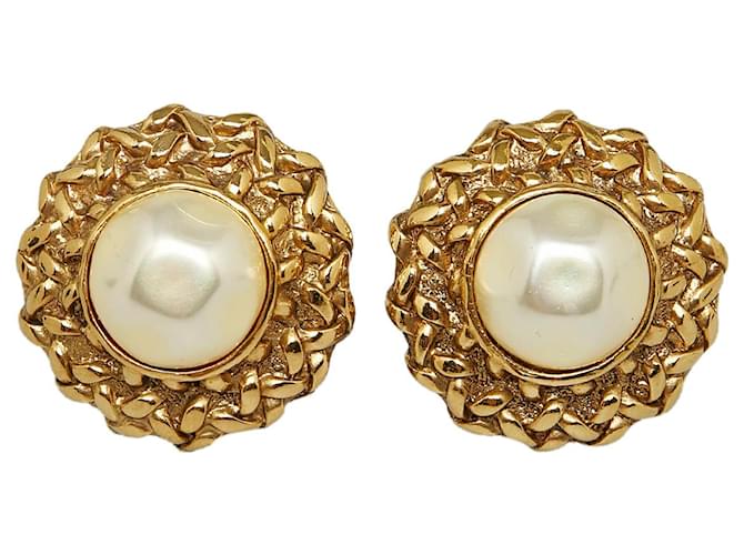 Chanel Gold Faux Pearl Clip-On Earrings Golden Metal Gold-plated