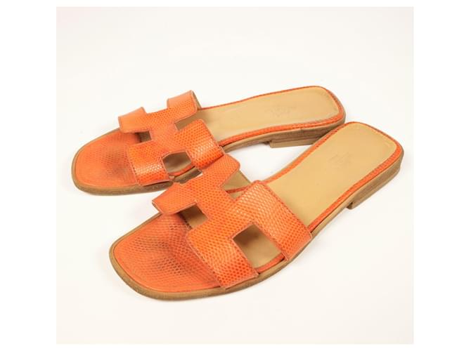 Hermès Incroyables sandales Hermes Oran en lézard Cuirs exotiques Orange  ref.971979