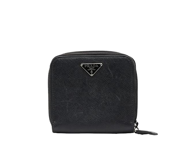 Prada Saffiano Leather Zip Around Short Wallet M521x Black Pony-style calfskin  ref.972004