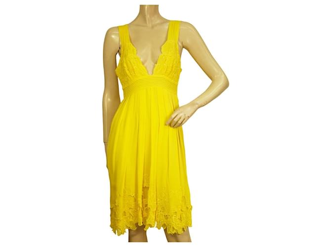 Catherine Malandrino Yellow 100% Silk Empire Waist Embroidery Knee Dress size 6  ref.972039