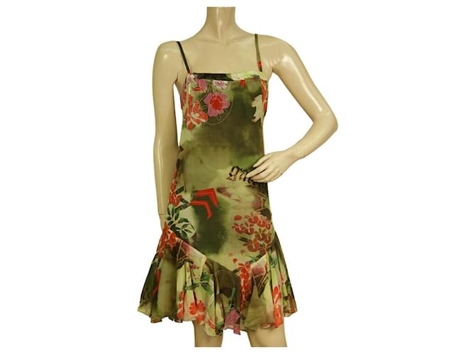 John Galliano 100% Silk Khaki Red Floral Spaghetti Straps Mini