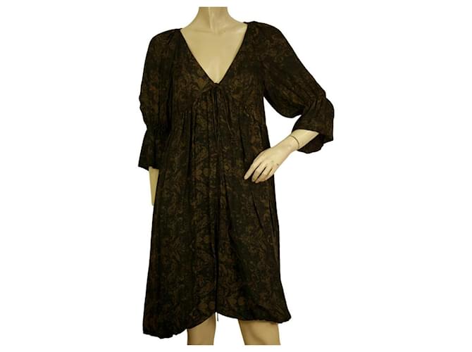 Stella Mc Cartney Tamanho do vestido túnica Stella McCartney preto e marrom floral de seda com bainha bolha 42  ref.972076