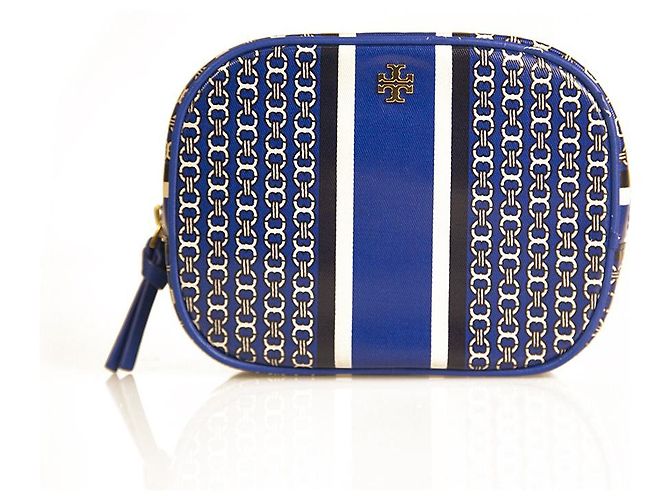Tory Burch Blue White Chain Pattern Canvas Zipper Clutch Handbag Toiletry Bag