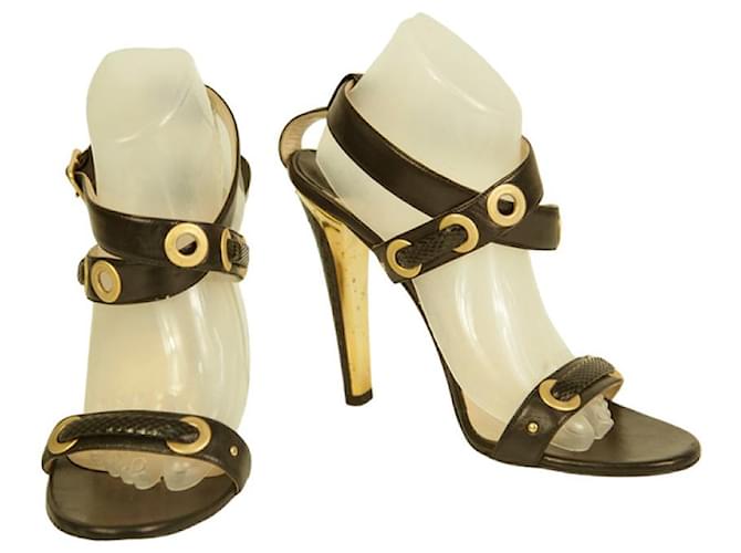 Jimmy Choo Black Leather Gold Grommets Strappy Sandals Heels shoes size 40  ref.1000179