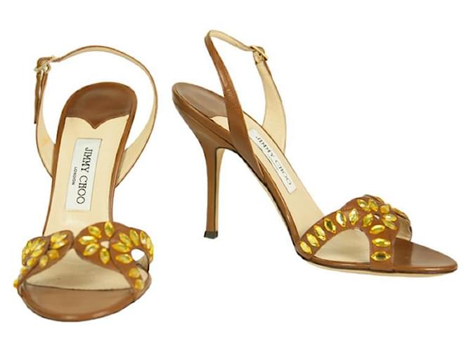 Jimmy Choo Rumer Brown Leather Beaded Slingback Sandals Strappy Heels Shoes 40  ref.1000278